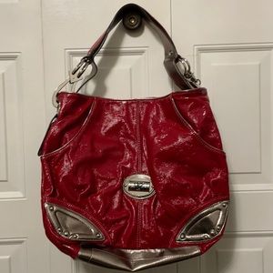 Faux red patent leather bag